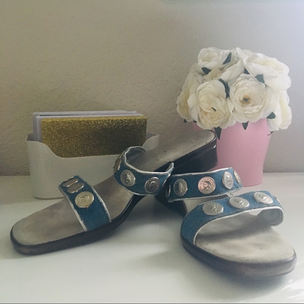 Onex two strap wedge denim silver coin Sandals